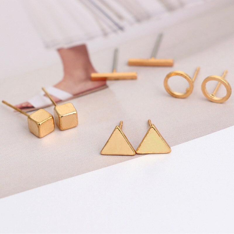 OMGALA 4Pairs/Set vintage Gold Color Stud Earring small Triangle Silver Color Ea