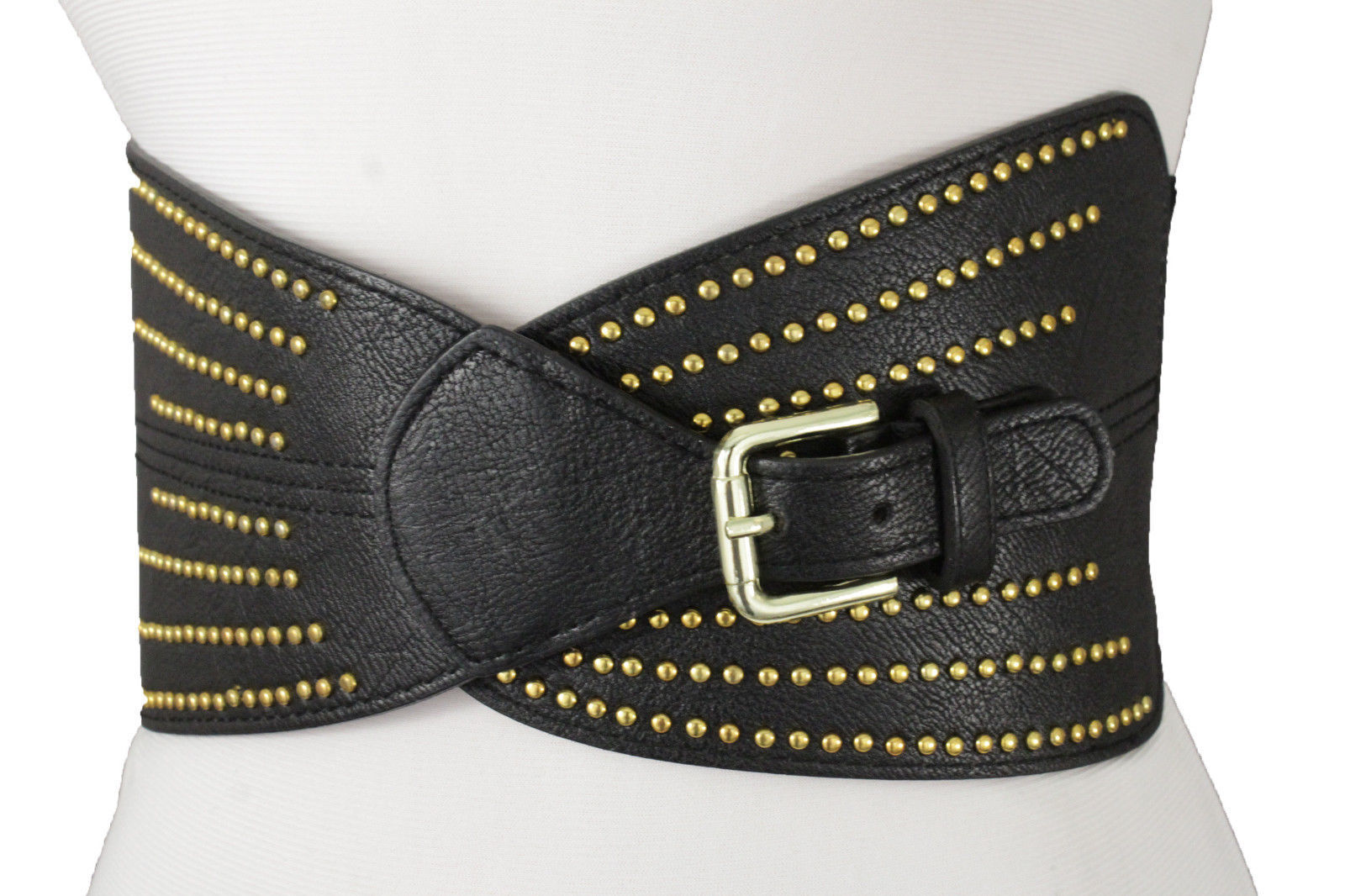 Women Hip Waist Wide Black Faux Leather Fashion Belt Gold Metal Studs