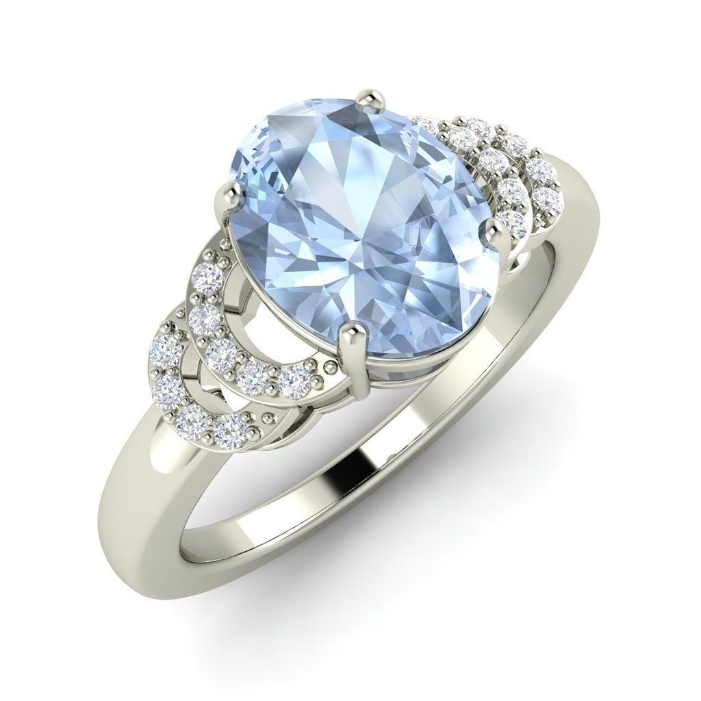 1.65 Ct Oval Cut Aquamarine and Sim.Diamond Engagement Ring In 14k ...