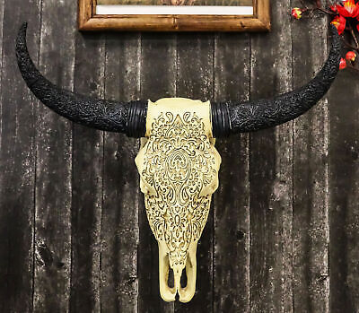 Tribal Floral Vines Tooled Bison Bull Cow Skull With Horns Wall Decor Plaque