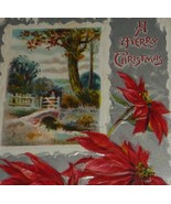 Winter Scene &amp; Red Poinsettias  With Icicle Border Antique Christmas Pos... - $7.00