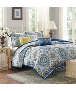6pc Blue &amp; Yellow Reversible Medallion Coverlet Quilt Set AND Decorative... - £112.97 GBP+