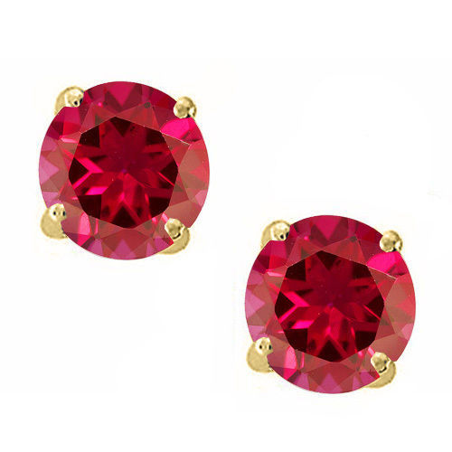 14K Solid Yellow Gold Red Ruby Round Shape w/ Screw Back Stud Earrings
