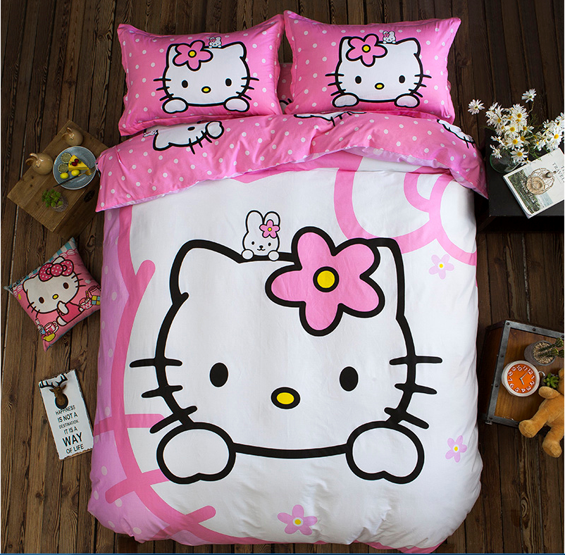 King Queen Twin Size Hello Kitty Pink White Duvet Cover Bedding Set