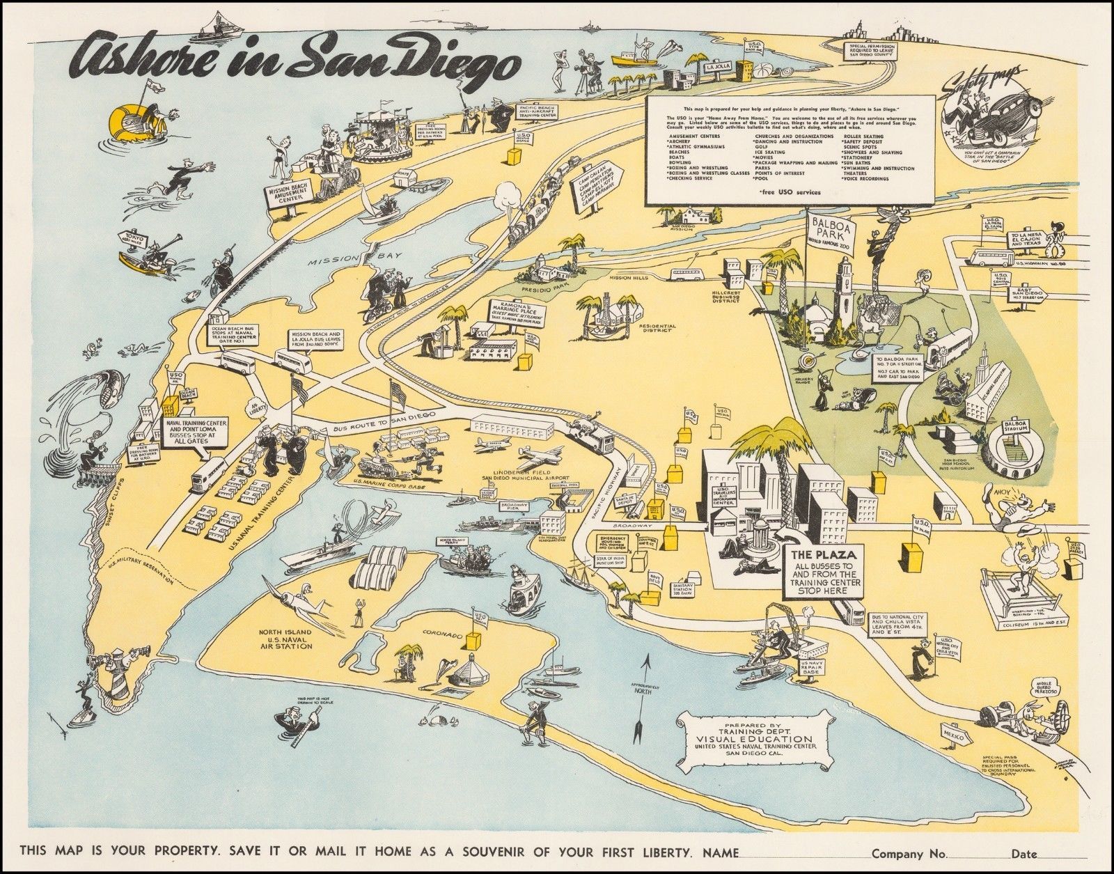 United States Naval Training Center San Diego pictorial map 1945 WWII