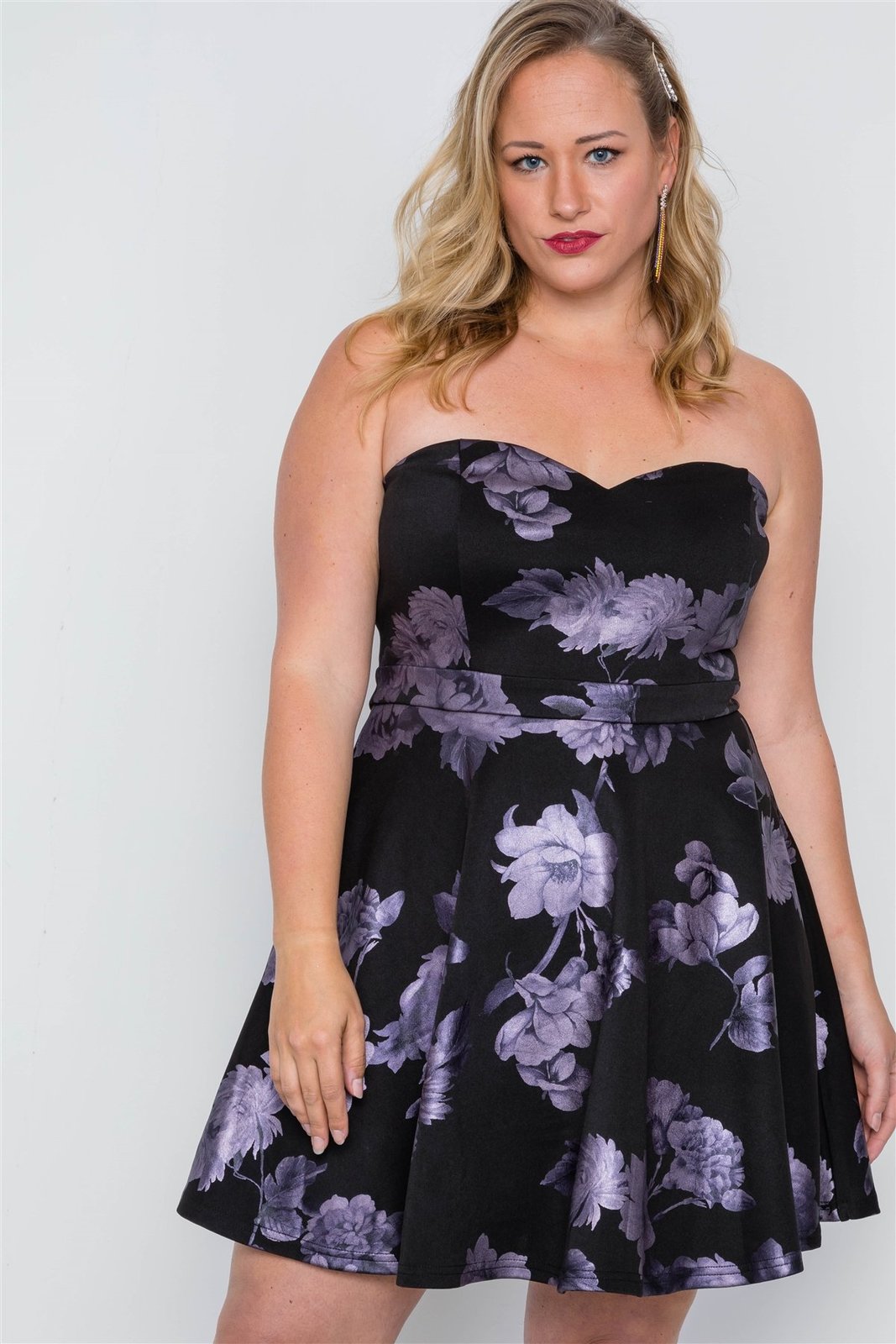 Plus Size Black Fit And Flare Floral Mini Dress Dresses