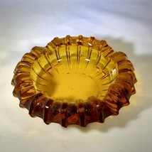 Vintage Blenko Starburst Ribbed Amber Glass Ashtray 5&quot; Scalloped Edges - $14.90