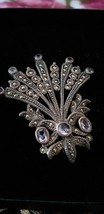 Antique Vintage Art Deco Sterling Silver Brooch with Amethyst and Marcasites - $97.02