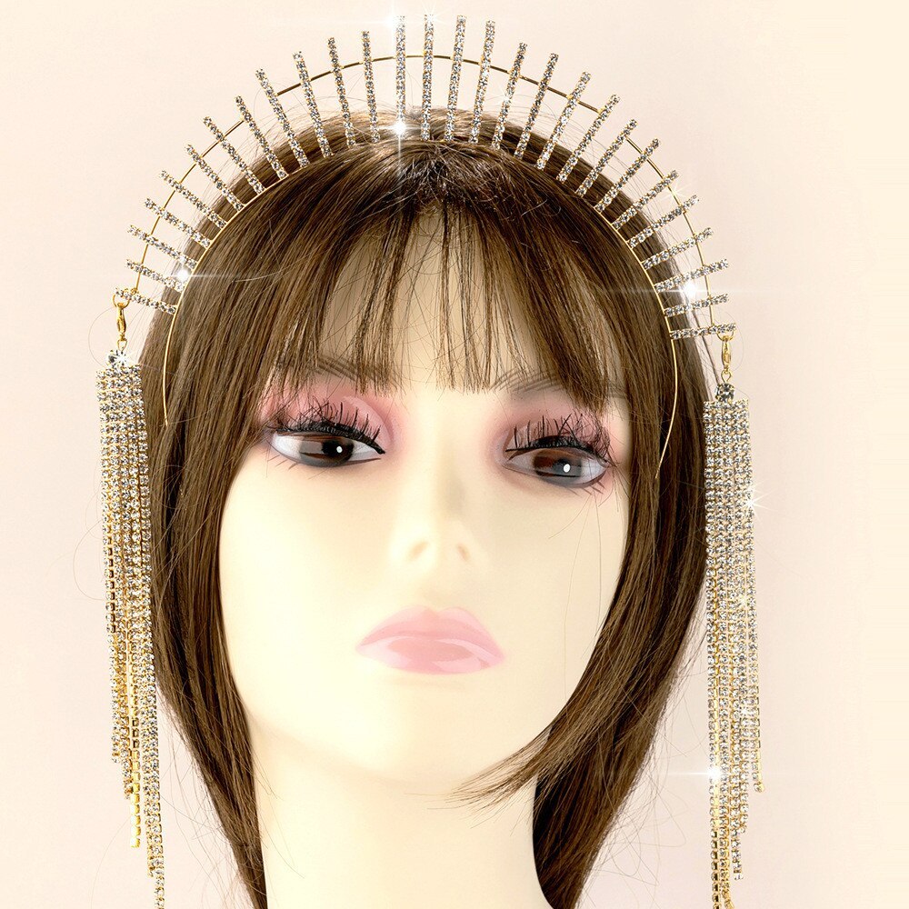 New Full Rhinestone Long Tassel Halo Headband Wedding Head Piece Hair Jewelry fo