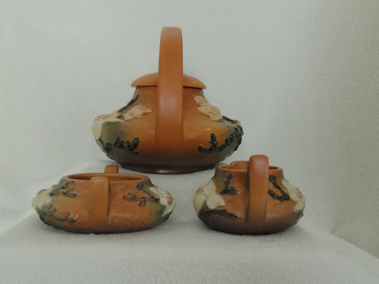 Roseville USA Brown Magnolia Tea Set With Lidded Teapot Creamer & Sugar