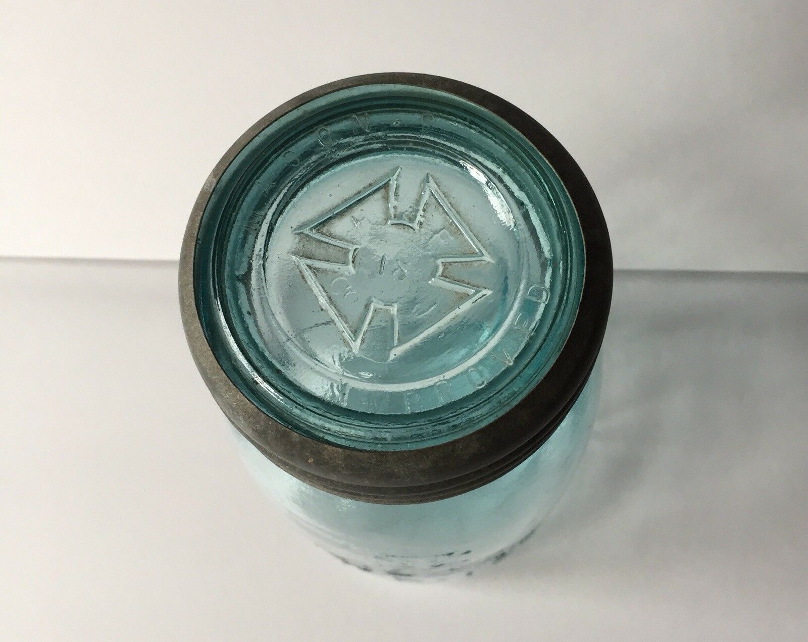 Aqua Blue Quart Canning Jar Mason's Improved Maltese Hero Cross HFJ Co