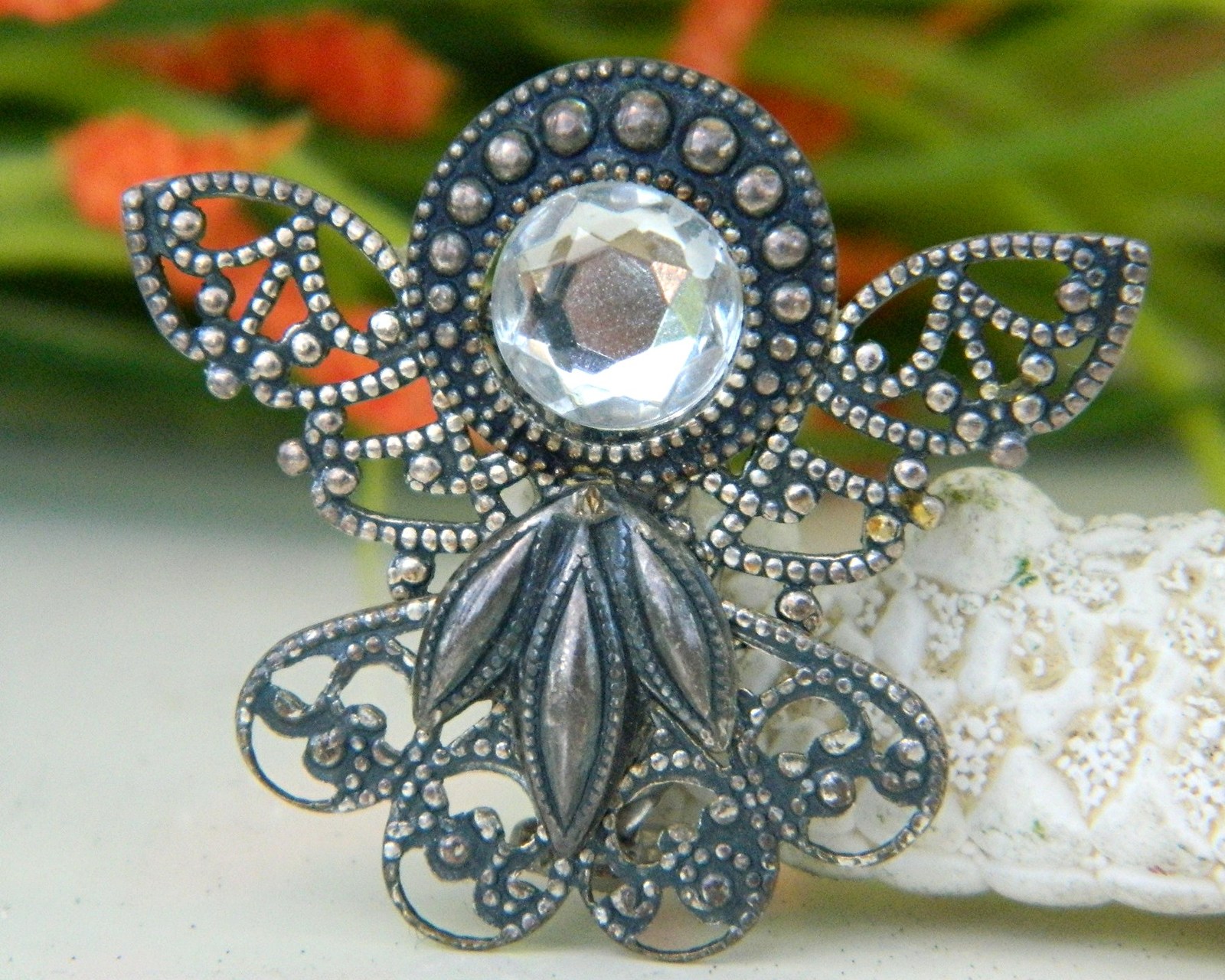 Filigree Angel Brooch Pin Rhinestone Halo Head Figural Vintage Silver