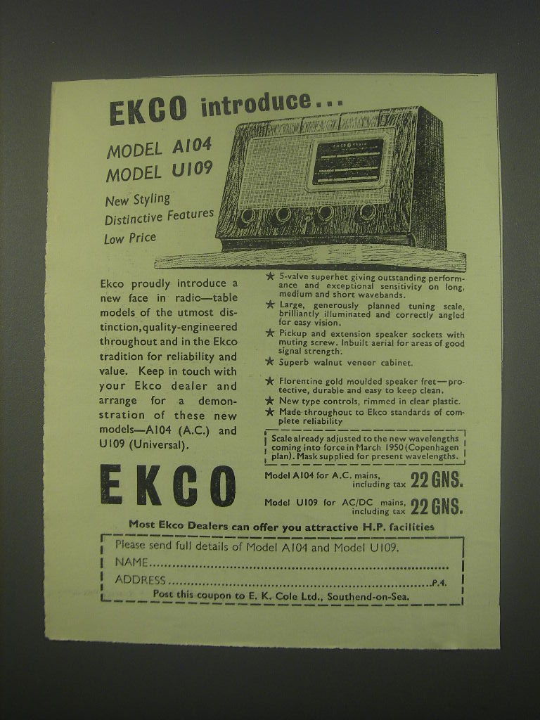 1949 Ekco Model A104 and U109 Radios Ad - Introduce - $14.99
