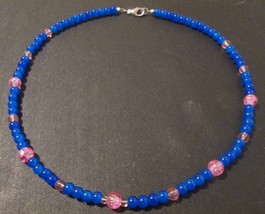 Beaded necklace, pink and blue beads, silver lobster clasp, about 20 inches long - $19.00