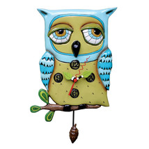 Allen Designs Blue Owl Clock with Pendulum 12" High Drowsy Eyes Whimsical Design