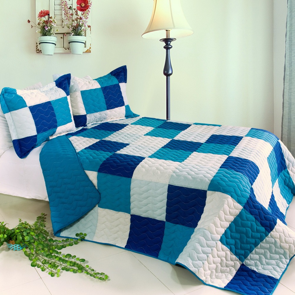 [Blue Crystal] 3PC Patchwork Quilt Set (Full/Queen Size) - Quilting
