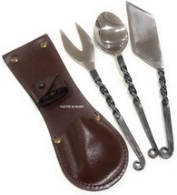 NauticalMart Medieval Feasting Set 3 Pieces Cutlery Knife, Fork, Spoon with leat