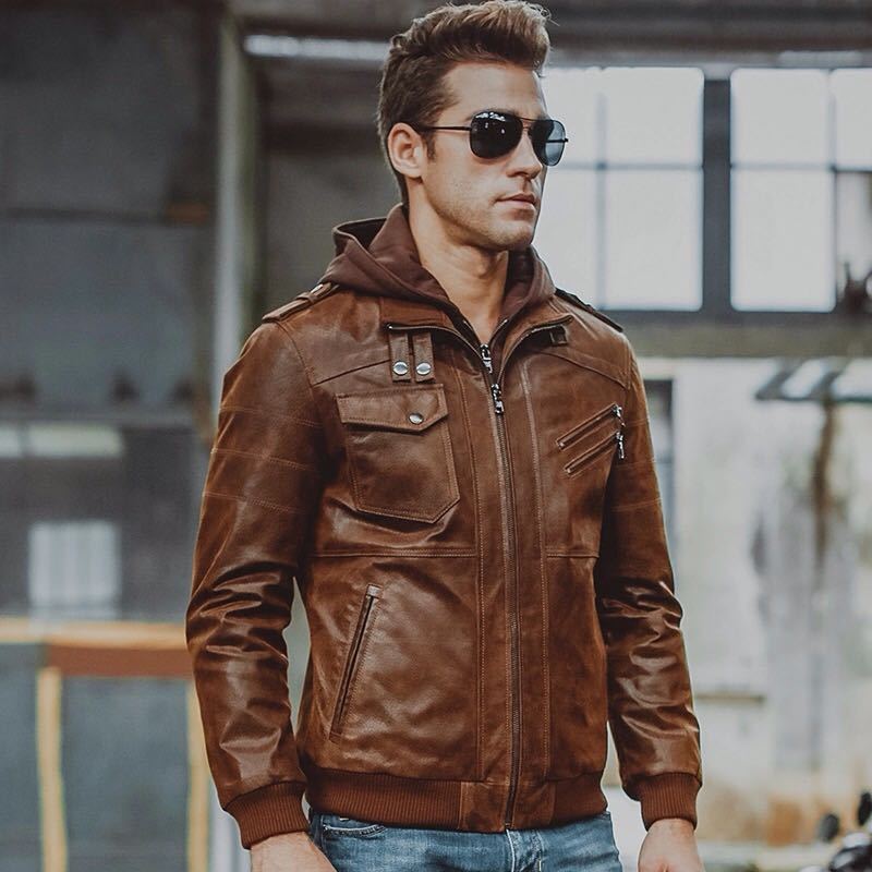 Mens Biker Motorcycle Distressed Brown Bomber Hoodie Leather Jacket ...