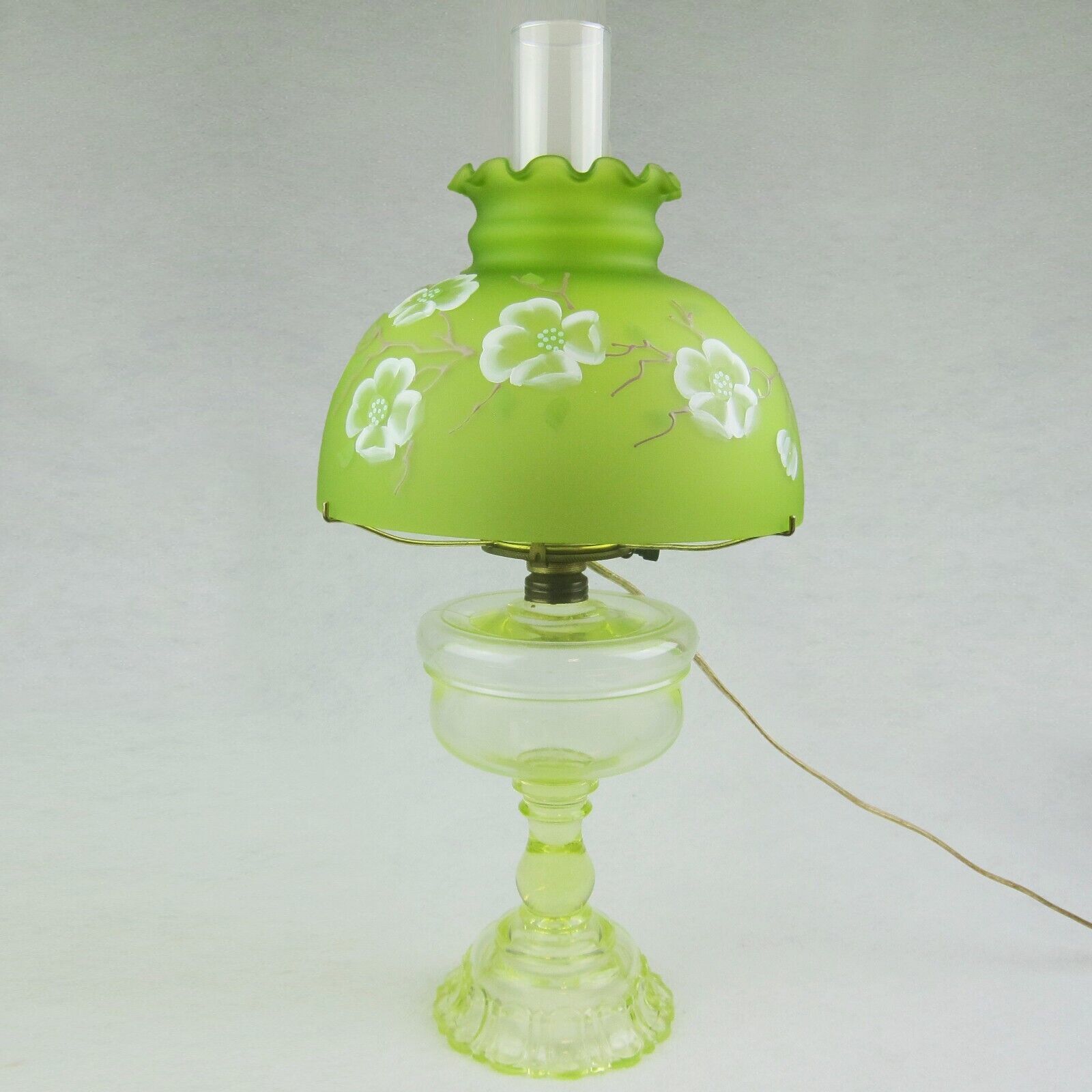 Uranium Glass Oil Lamp Green Floral Shade Chimney Converted Electric