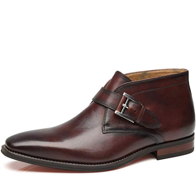 New Men's Maroon Formal Monk Single Buckle Strap Leather High Ankle Boots