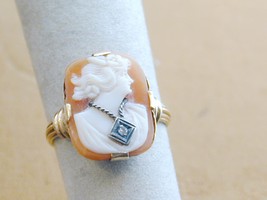 Antique 10k Hand Carved Shell Cameo Woman Diamond Necklace Ring 6.75 - $224.99
