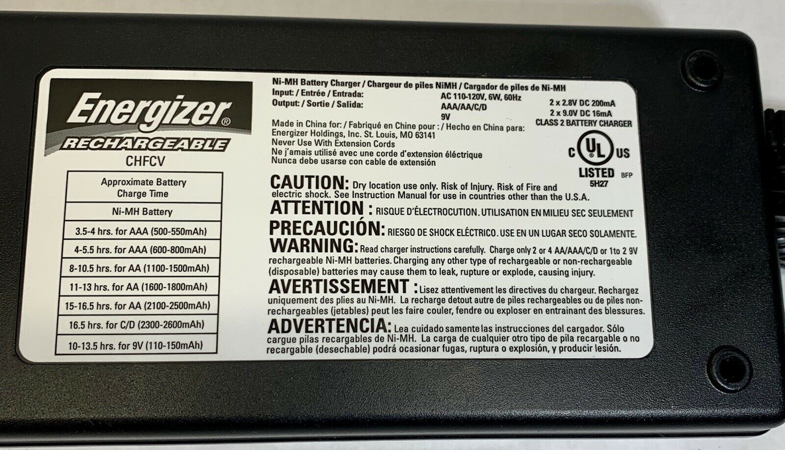 Energizer Rechargeable Battery Charger for AA/AAA/C/D/9V NiMH CHFCV