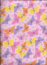 Purple Pink Yellow Orange Butterflies on Pink Flannel Fabric by the Half-Yard - $3.96