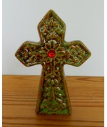 Lovely vintage mottled green ceramic Celtic cross with red cabochon ston... - $18.00