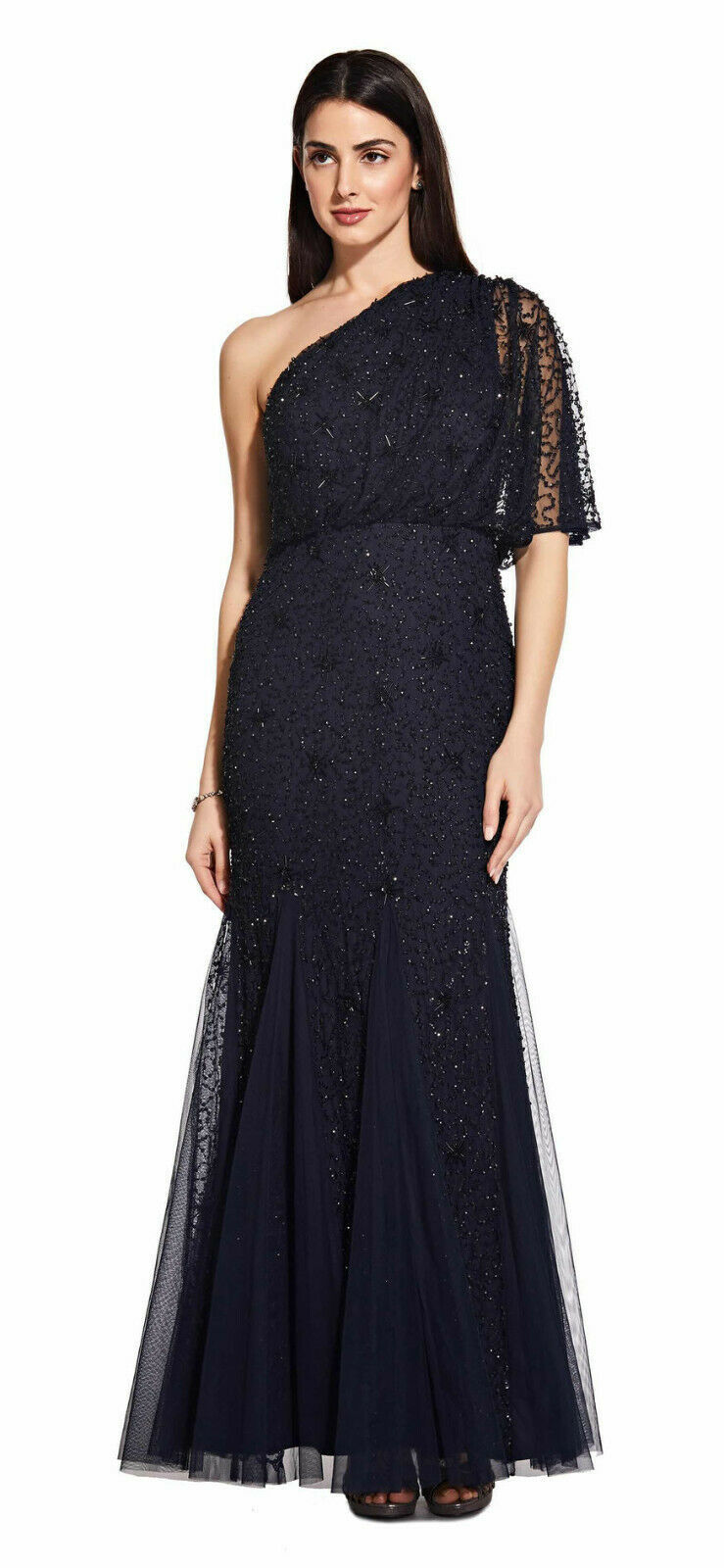 Adrianna Papell Midnight/Black Beaded One Shoulder Dress  Petites 12P    $349  - $246.51