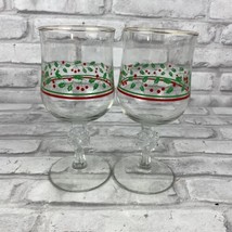 Libbey Holly Berry Gold Rim Christmas Stemmed Wine Water Glasses Goblet ... - $22.34