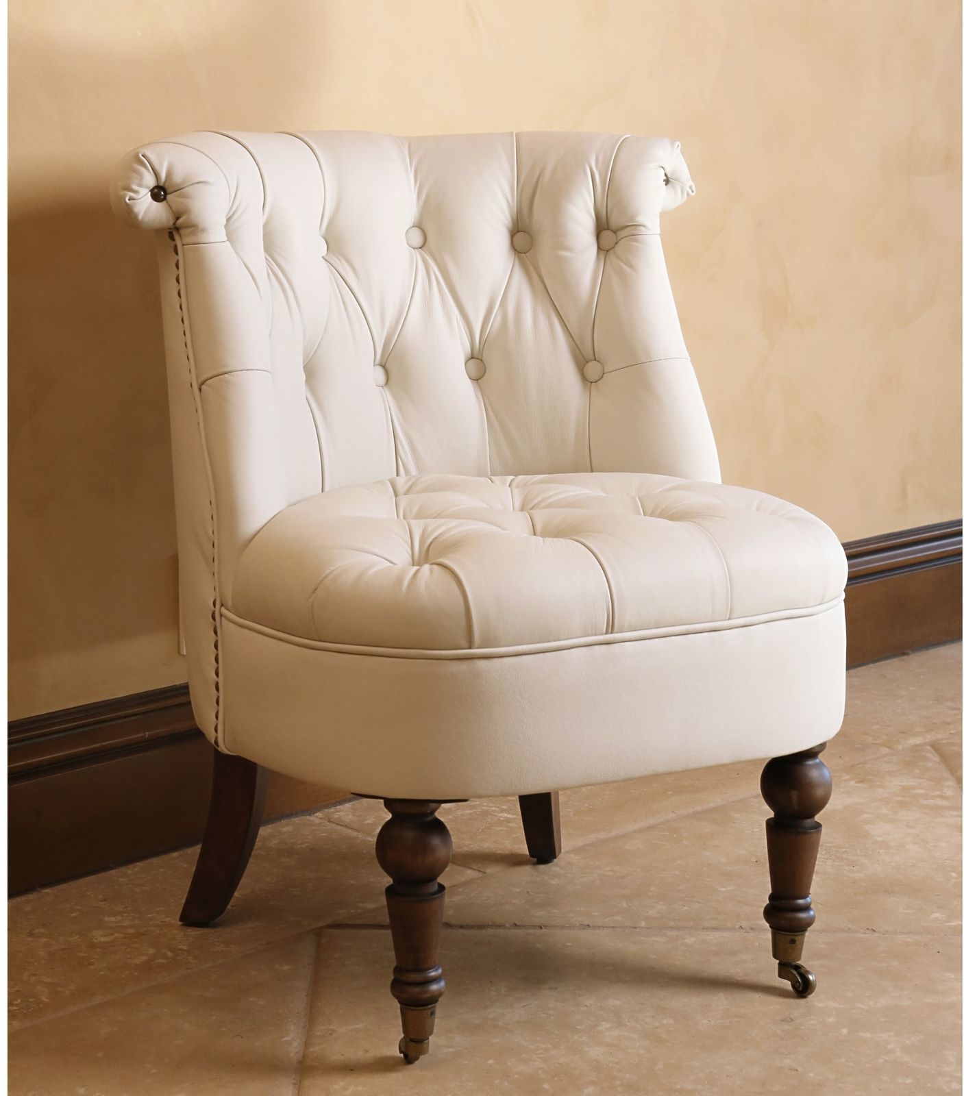 Barrel Chair Ivory Bonded Leather Tufted Nailhead Walnut Finish Vanity