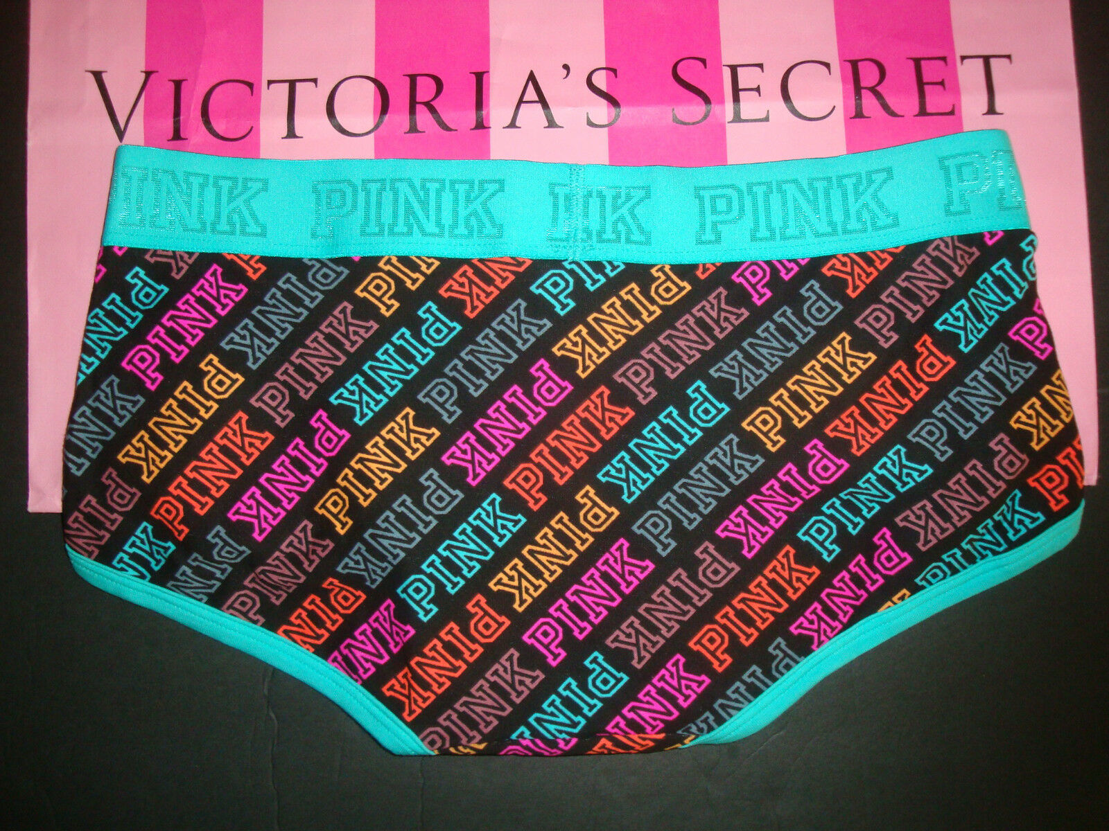 NEW VICTORIA'S SECRET "PINK" LOGO BOYSHORT PANTY RAINBOW PINK PRINT SIZE MEDIUM Panties