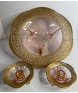 ART DECO ELEGANT PINK AND GOLD DEPRESSION GLASS CONSOLE BOWL &amp; 2 CANDLE ... - $115.78