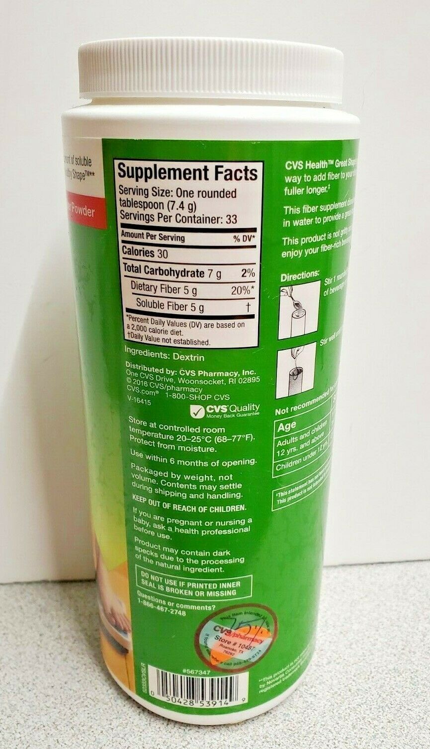 CVS Great Shape Fiber Supplement 8.7 OZ 33 Servings Exp Sept 2020