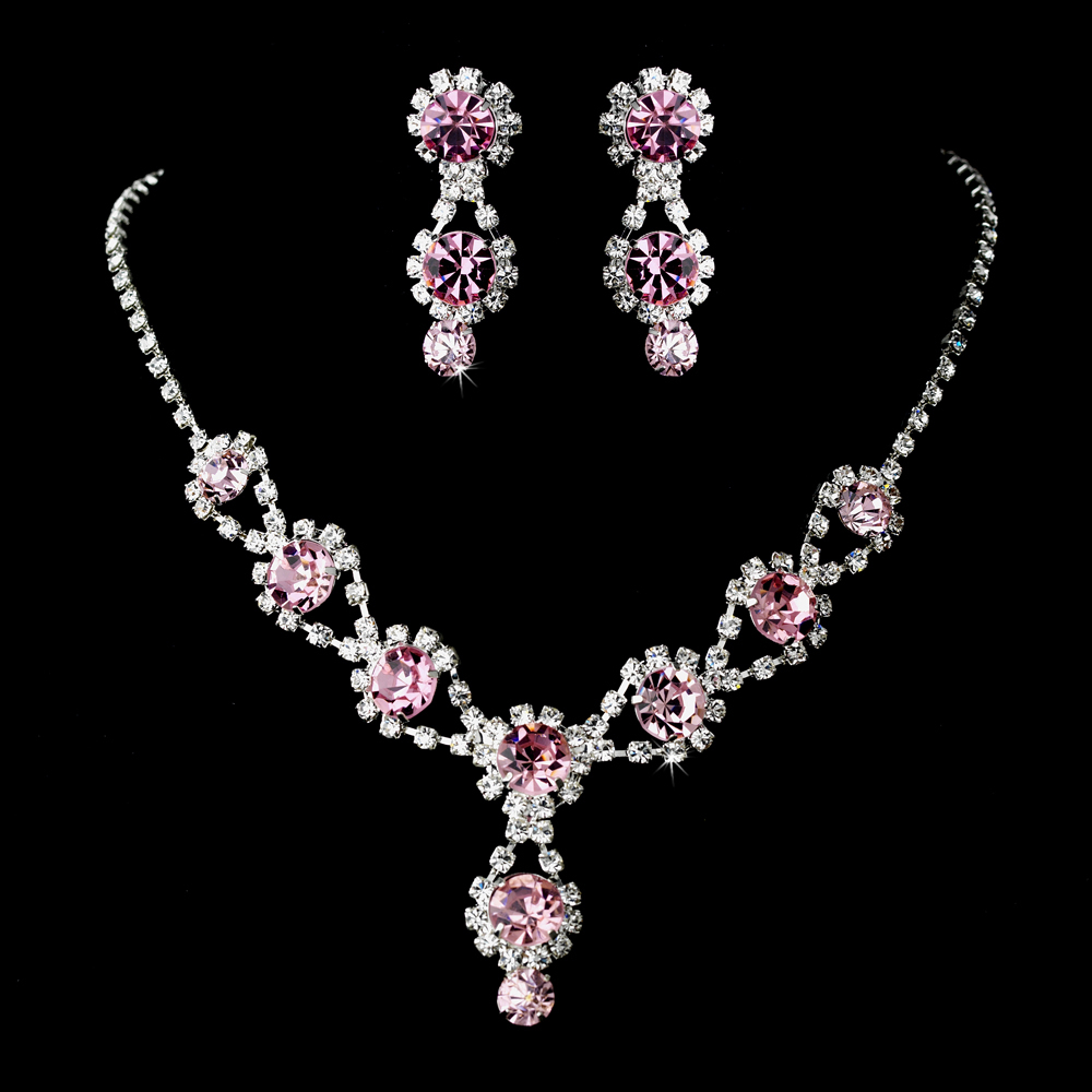 Rose Pink Swarovski Crystal Bridesmaid Necklace Set - Jewelry Sets