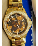 Sexy FOSSIL Watch Double Crystal Around Face Animal Print Gold Tone Unisex - £39.31 GBP