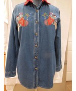 Bobbie Brooks women&#39;s long sleeve Christmas embroidered denim shirt size... - $9.64