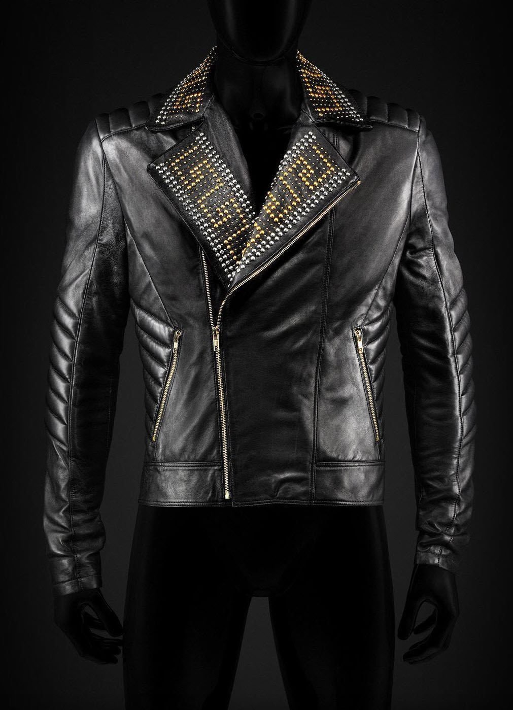 New Mens Versace H&M Golden,Silver Studded Biker Black Leather Jacket
