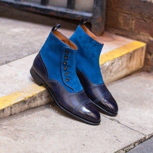Blue Suede Black Genuine Leather Rounded Derby Cap Toe Ankle High Button Boots
