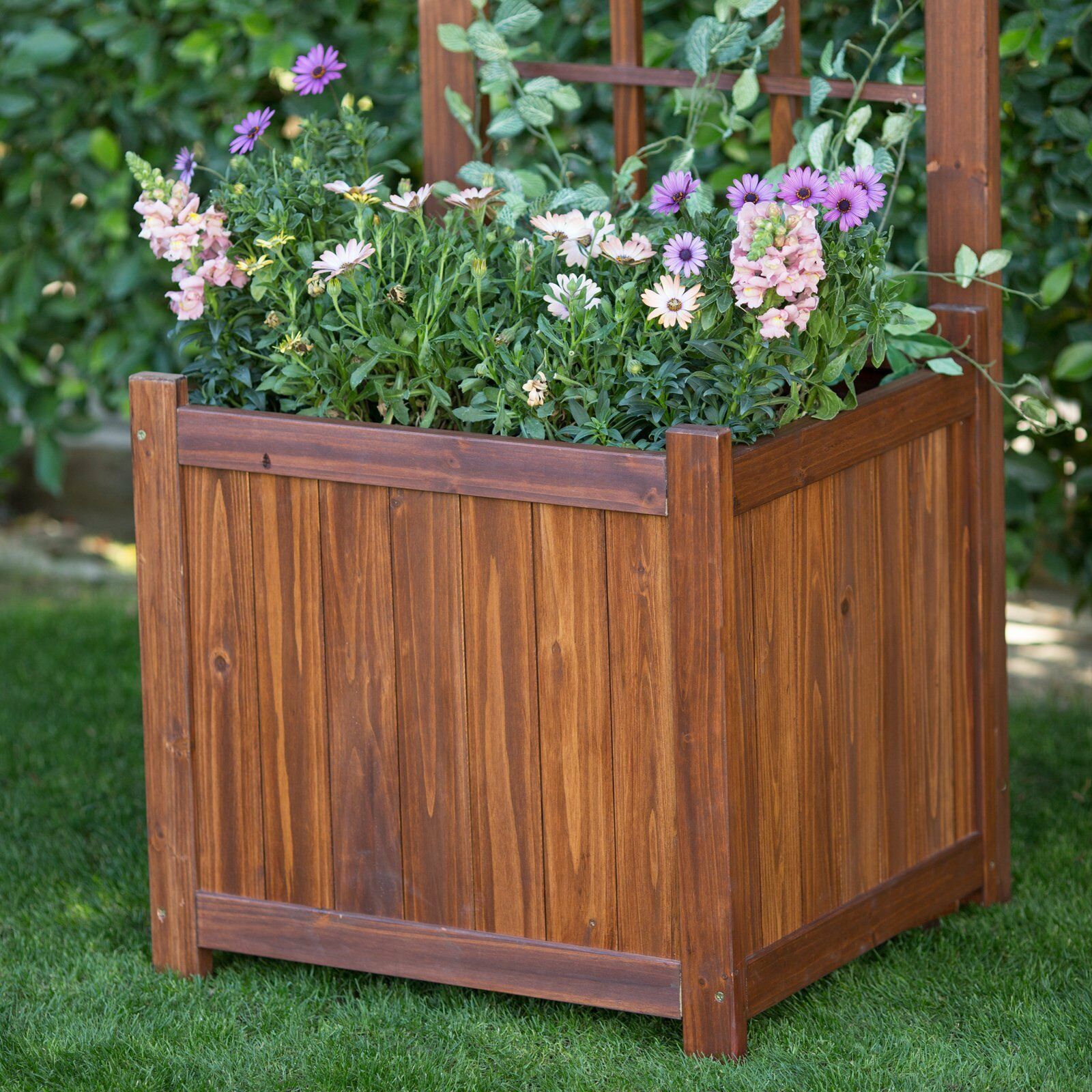 Warm Cinnamon Finish Wood Planter Box w/ Trellis Craftsman Style