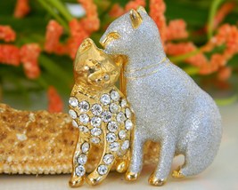 Vintage two cats brooch pin silver gold enamel rhinestones thumb200