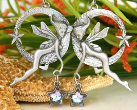 Vintage Winged Fairy Faerie Earrings Dangling Hoops Star Silver Pewter - $24.95