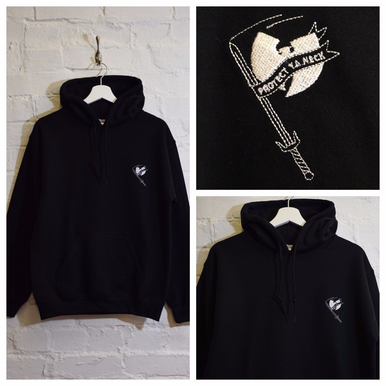 Image of Actual Fact Wu Tang Clan "Protect Your Neck" Embroidered Black Hip Hop Hoodie