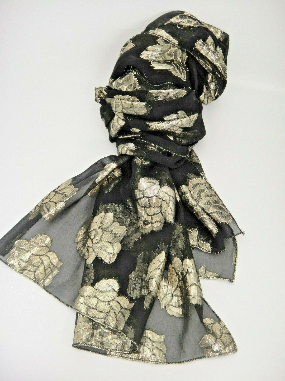 Primary image for Womens Fancy Black Scarf with Gold Metallic Roses Flowers 80" x 20" Made Japan