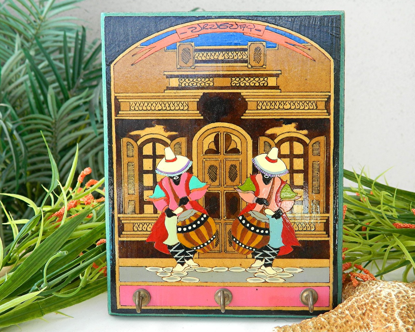 Key Rack Wood Hand Painted Folk Art Carved Candombe Uruguay - $17.95