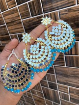 Antique Mirror Work Kundan Jewelry Set Earring Tikka Tika Blue Beads Pearl - $28.70