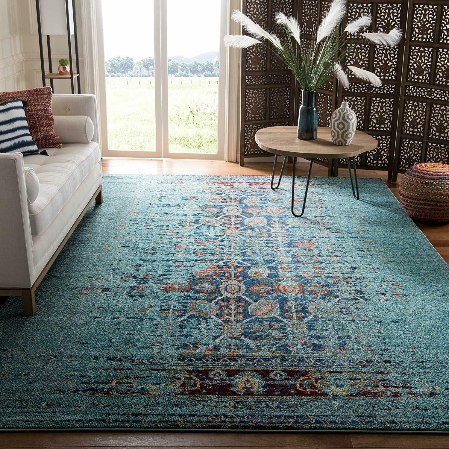 Carpet Area Rug 5' 1" x 7' 7" Blue Shabby Chic Distressed Abstract