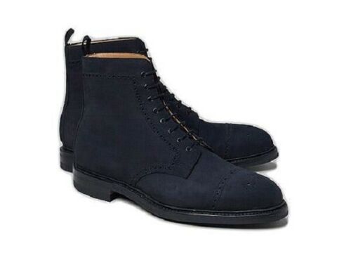 Stylish Handmade Men's Navy Blue High Ankle Lace Up Suede Leather Boots Men Form
