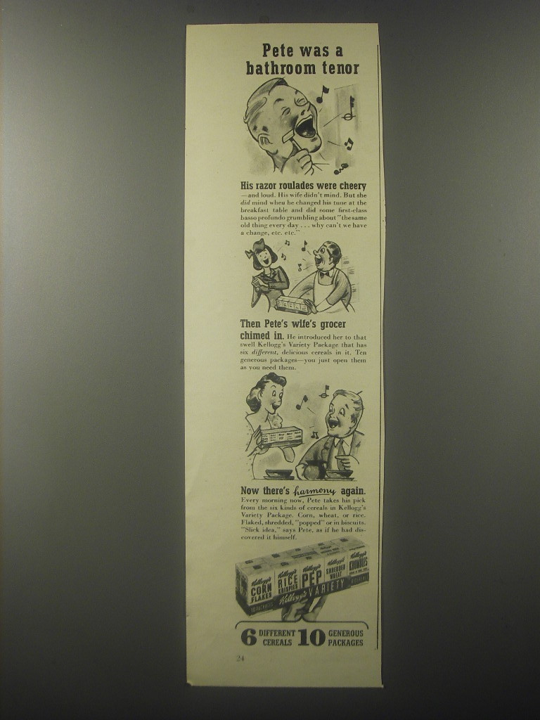 1942 Kellogg's Variety Package Cereal Ad - Pete was a bathroom tenor - $14.99