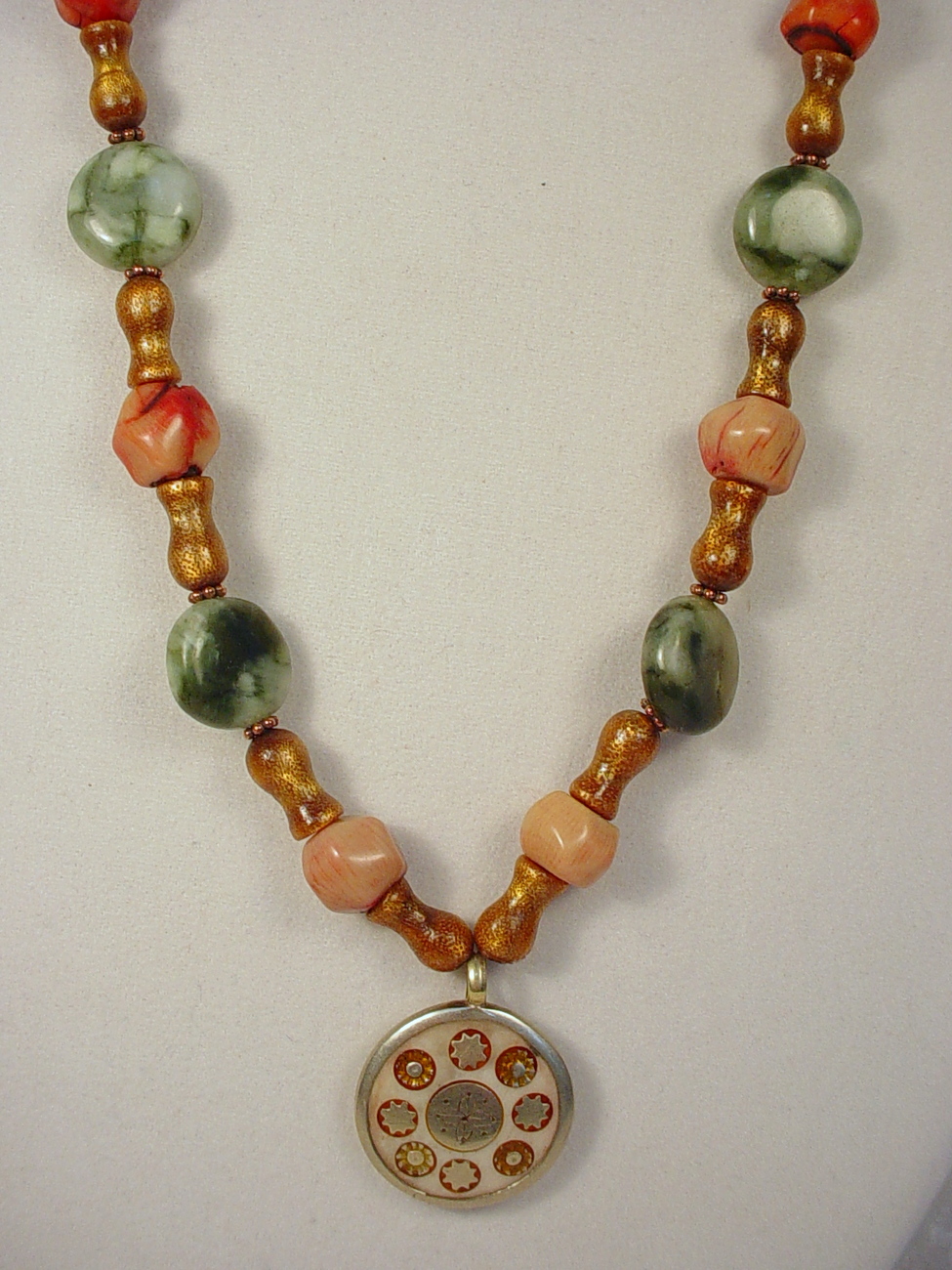 Coral and Jade Necklace with Tibetan Pendant - Necklaces & Pendants